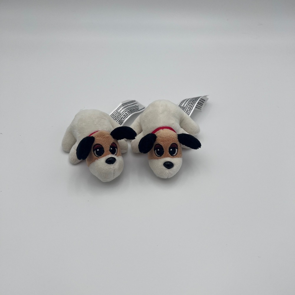 Lot of 2 Basic Fun Small Plush Puppy Dogs White Brown Black Red Collar Mini Toy